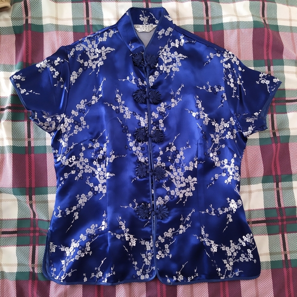 NWOT Chinese Asian Satin Blue Traditional Top Qipao Cheongsam - Picture 1 of 9